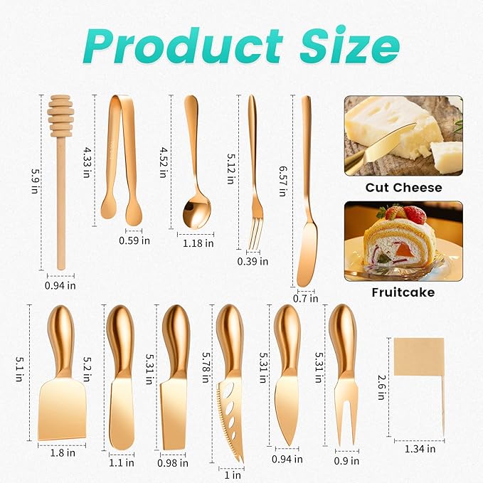 Rose Gold Cheese Knife Set, Cheese Butter Spreader Knife Slicer knives With Serving Tongs, Spoons, Forks, Flags Cheese Markers, Wooden Honey Dipper For Charcuterie Board Accessories