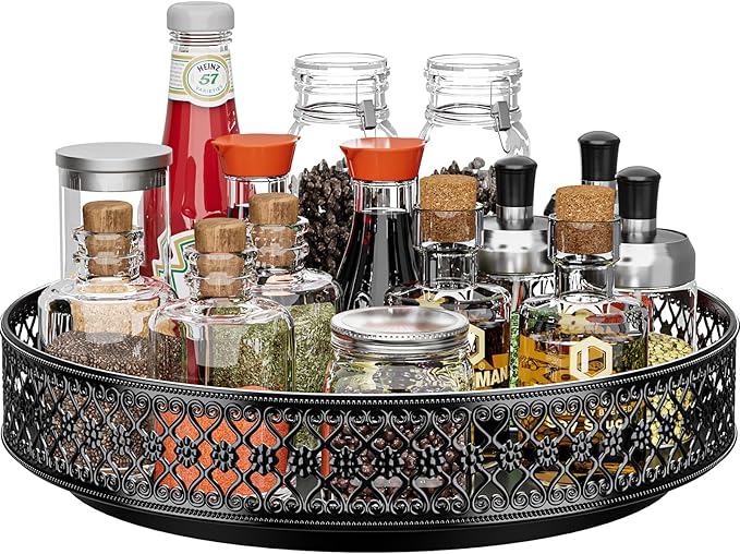 Ovicar Lazy Susan Turntable Organizer - 13 inch Rotating Spice Rack Metal Lazy Susan for Cabinet Pantry Kitchen Countertop Dining Table Cupboard Bathroom Vanity Refrigerator Black