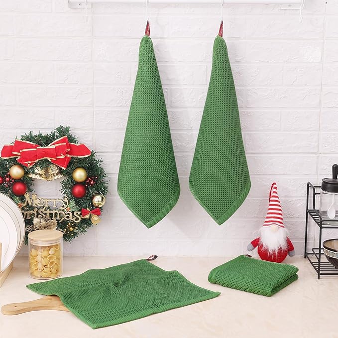 Kitinjoy 100% Cotton Kitchen Dish Cloths, 6 Pack Waffle Weave Ultra Soft Absorbent Dish Towels for Drying Dishes Quick Drying Kitchen Towels Dish Rags, 12 X 12 Inches, Grass Green