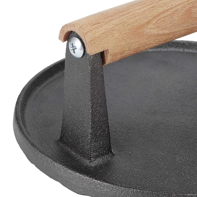 Cast Iron Grill Press, 7.1x7.1x3.1 Inch Round Bacon Press with Wooden Handle for Grill Tools BBQ Tools