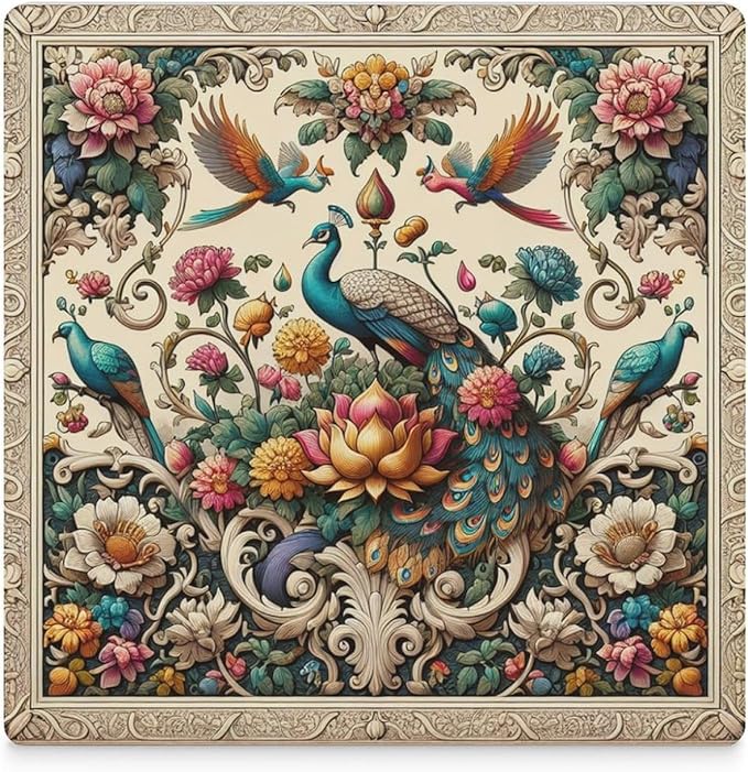Peacock Drink Coasters, Square Ceramic Drink Coaster Square-6PCS, Beautiful Plant Colorful Floral Peacock Boho Peacockr Absorbent Ceramic Coasters for Beverage Cup, Bar, Coffee Table