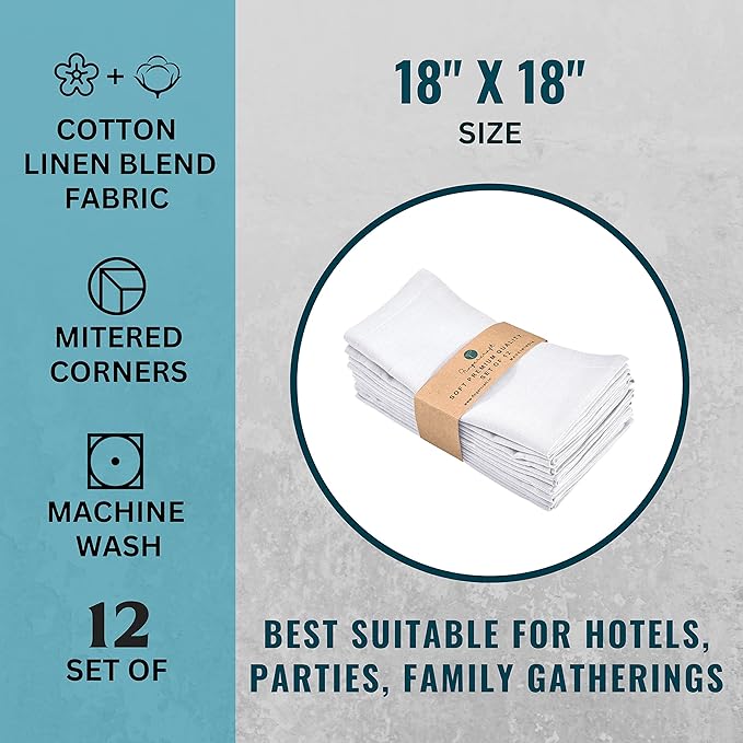 FINGERCRAFT Cloth Napkins, Cotton Linen Mitered Corner Soft Durable Washable Eco-Friendly Napkins Cloth 12 Pack, 18x18 inch Premium Quality for Home Hotel Parties Christmas Wedding Dinner White