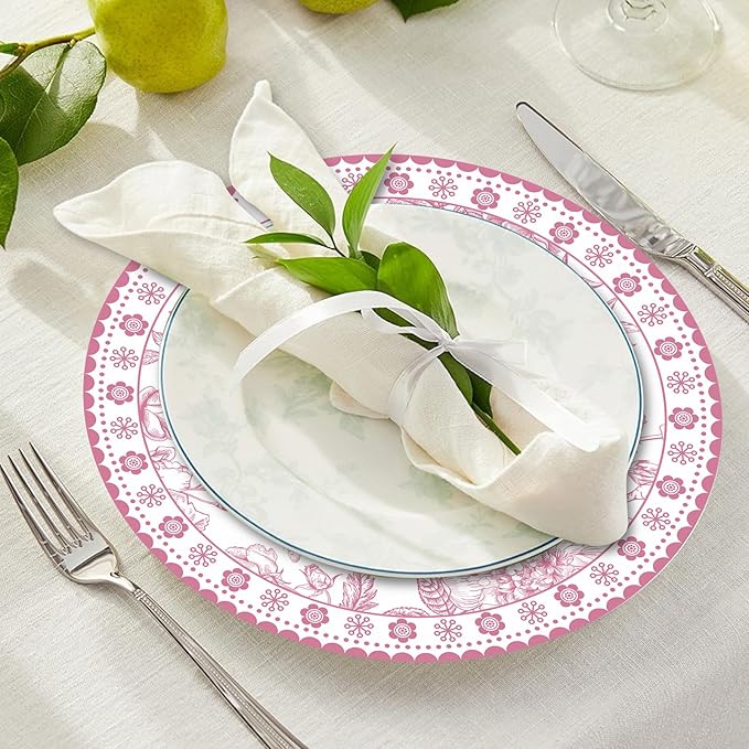 100 Pcs 14 Inch Pink Floral Paper Place Mats Chinoiserie Round Placemats Flower Disposable Decorative Table Mats for Dinner Table Setting Banquet Party Supplies