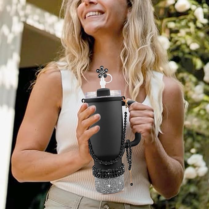 9PCS Black of Stanley Cup Accessories Set 30/40 OZ Bling Pearl Rhinestones Charms for Stanley Decorations Tumbler Accessories Including Flower Straw Topper, Rhinestones Boot 30/40 OZ