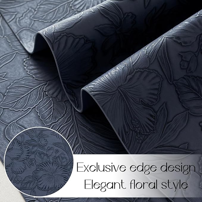 Romanstile Vinyl Placemats Set of 6-12 X 17 Inch - Heat Resistant Non-Slip Embossed Floral Place Mats 100% Waterproof Oilproof Wipeable Faux Leather Table Mats for Kitchen/Dining/Party, Navy Blue
