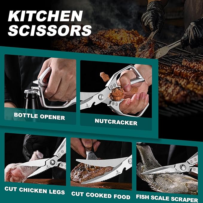 Kitchen Scissors Set of 2, Heavy Duty Stainless Steel Kitchen Shears for Food Prep, Poultry & Meat Cutting, Dual Purpose Cooking Scissors with Comfortable Grip, Dishwasher Safe