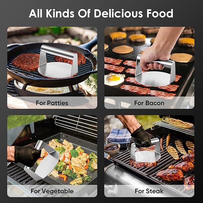 Joyfair Smash Burger Press for Griddle (5.5 Inch), Stainless Steel Hamburger Smasher, Flattop Grill Presses Accessories Tool for Bacon, Patty, Meat, Steak, Sandwich, Heavy Duty & Dishwasher Safe