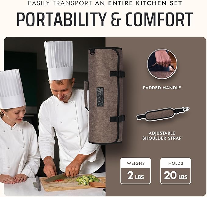 Asaya Chef Knife Roll Bag - 20 Total Pockets for Knives and Kitchen Utensils - Made with Stain Resistant Waxed Nylon - For Chefs and Culinary Students - Knives Not Included(Brown)
