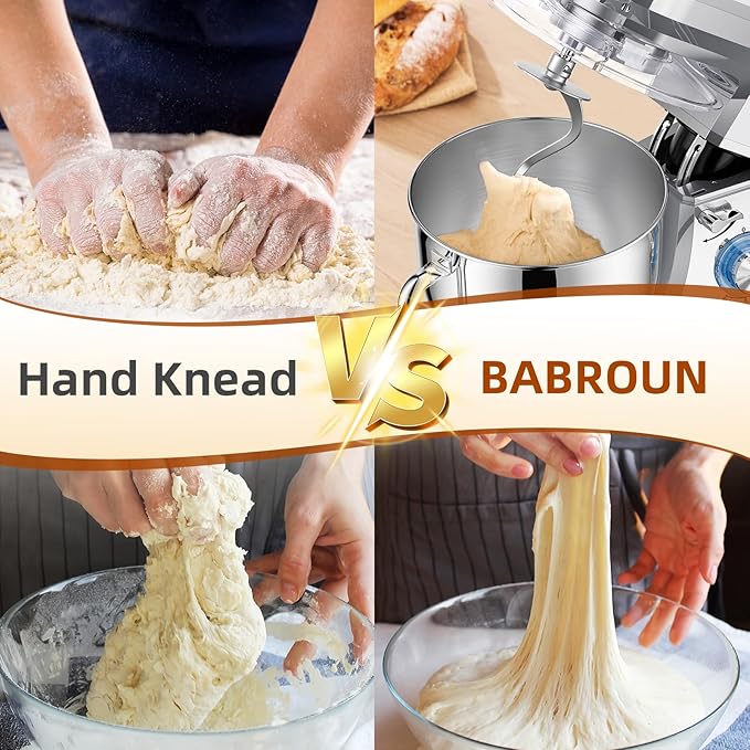 Babroun Dough Mixer 8.45 QT Electric Mixer - 660W 6 Speed Large Capacity Kitchen Stand Mixer with Whisk Dough Hook Mixing Beater Household Food Mixer for Baking Cakes Cookie Bread Salad