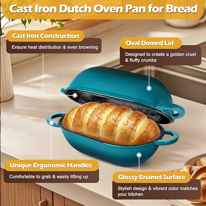Homikit Enameled Cast Iron Dutch Oven for Bread Baking, 2.8 QT Oval Bread Oven Pot with Lid, Sourdough Loaf Iron Dutch Oven Pan for Roasting Cooking, Dark Green & Heavy Duty