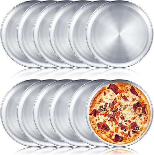 Honeydak 12 Pcs Stainless Steel Pizza Pan 13 Inch Round Silver Pizza Tray for Serving Pie Cookie Cake Plate Sheet, Oven Kitchen Baking Home Restaurant, Dishwasher Safe, Dishwasher Safe