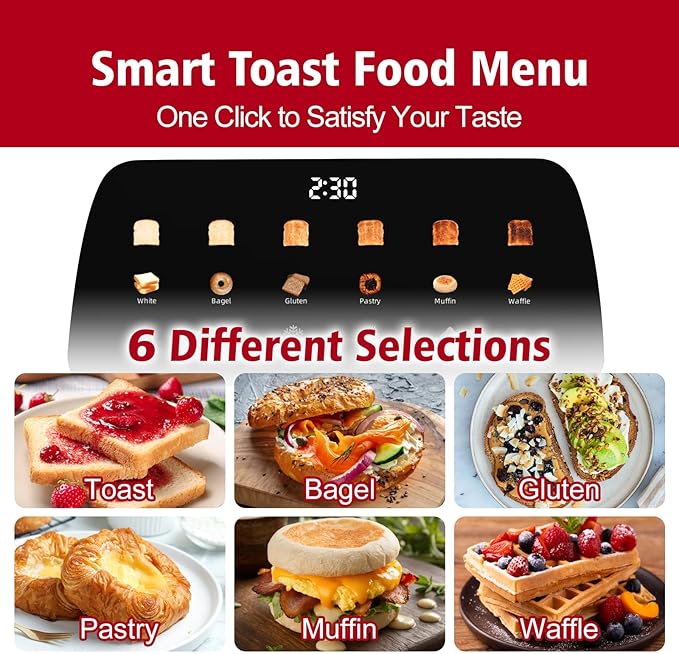 Tesslux 4 Slice Toaster with Touch Screen Control, 1.5" Wide Long Slots, 6 Browning Levels & 6 Bread Types, Digital Timer, Memory, Defrost, Reheat (SILVERY)
