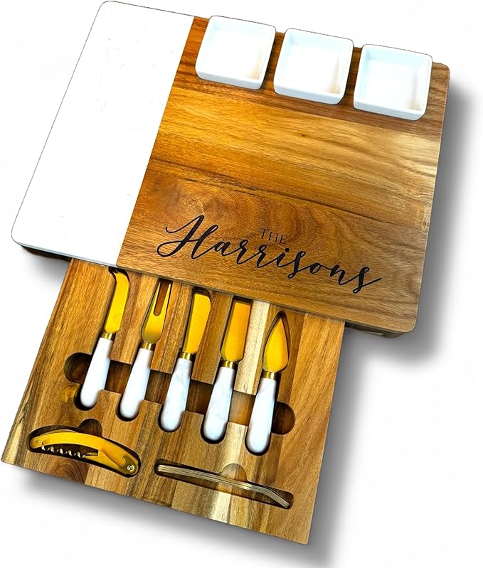Quartz & Acacia Modern Charcuterie Board Set 16 pcs Laser Engraved Cheese Board And Knife Set Realtor Closing gift Custom Christmas Wedding