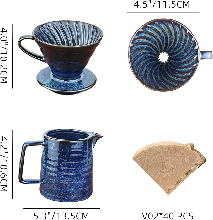 HYAXGM Pour Over Coffee Maker,Ceramic Coffee Maker With 40 pcs Paper Filter，15oz/450ml Pour Over Coffee Dripper (Starry Blue, V02)