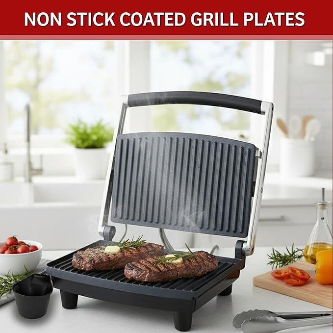 Panini Press Gourmet Grilled Cheese and Sandwich Maker - Electric Indoor Grill with Drip Tray for Healthy Cooking Options (Silver)