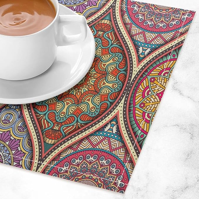 Boho Mandala Placemats Mexican Ethnic Traditional Pattern with Geometric Plaids Abstract Flower Set of 4 for Restaurant Home Kitchen Holiday Picnic Party Decor 12x18in