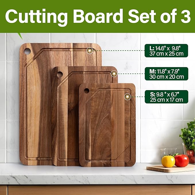WILLKOMMEN Acacia Wood Cutting Board for Kitchen, 3-Piece Chopping Boards Set with Stand, Juice Groove, Handles & Hanging Holes, Butcher Block for Meat, Vegetables (Small, Medium, Large)