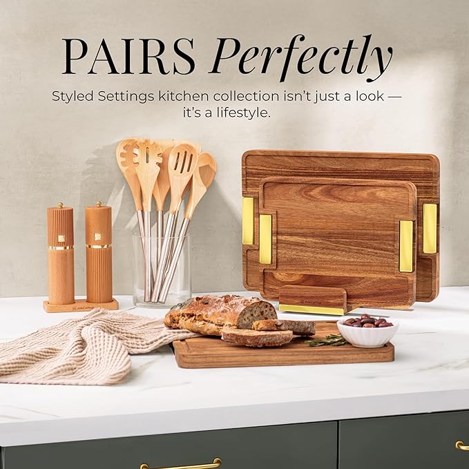 STYLED SETTINGS Cutting Board Organizer – Acacia Wood Stand with Gold Stainless Steel Base, Kitchen Holder Rack for Cabinet or Countertop Storage - Holds Three Boards for Easy Storage