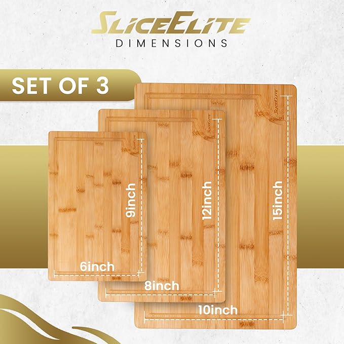 SliceElite 3pc Bamboo Cutting Board Set: Eco-friendly, durable chopping boards with handles & juice grooves. Ideal for all kitchen tasks (Large, Medium, Small), Natural
