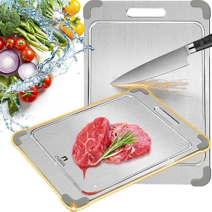 ZYBIDEAL 100% Pure Titanium Cutting Board with Grooves, Update Double Side Titanium Chopping Board, Silicone Anti-slip Stainless Cutting Boards for Kitchen 10 * 14 IN, Grey