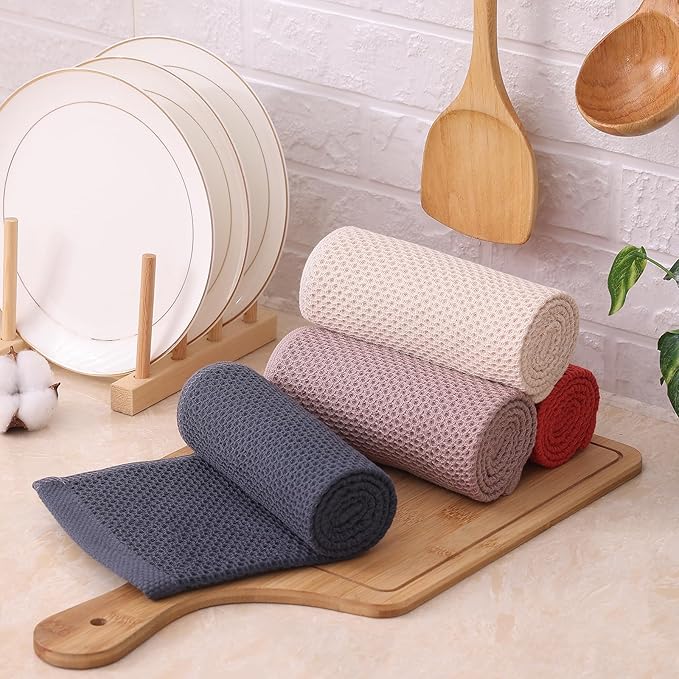 Kitinjoy 100% Cotton Kitchen Dish Cloths, 8 Pack Waffle Weave Ultra Soft Absorbent Dish Towels for Drying Dishes, Quick Drying Dish Rags, 12 X 12 Inch, Multicolor