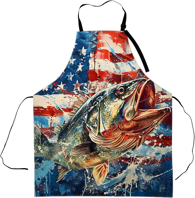 American Flag Fishing Apron,Adjustable Waterproof Oxford Fabric Kitchen Apron with 2 Pockets for Men and Women, Cooking, Baking, BBQ, Coffee Shop, Housewarming Gifts, 28x33 Inches