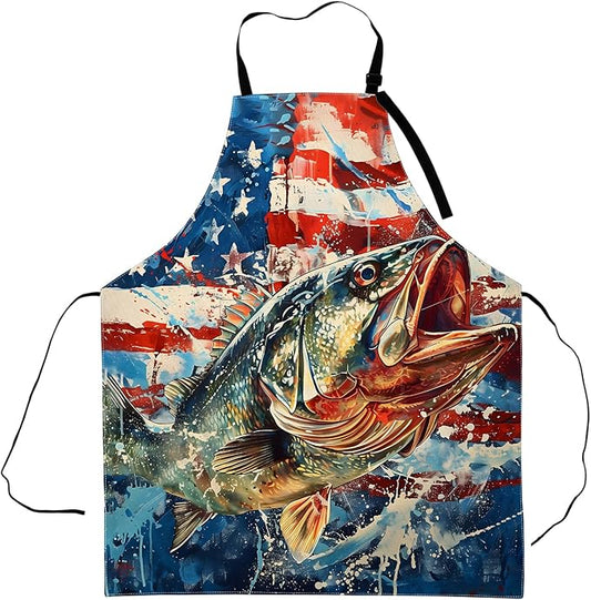 American Flag Fishing Apron,Adjustable Waterproof Oxford Fabric Kitchen Apron with 2 Pockets for Men and Women, Cooking, Baking, BBQ, Coffee Shop, Housewarming Gifts, 28x33 Inches