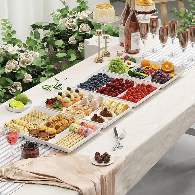 Lifewit Serving Tray Divided for Party Supplies, 6 PCS 15" x 10" Plastic Platters for Serving Food, White Reusable Tray for Veggie, Snack, Fruit, Cookies, Desserts in Kitchen/Pantry