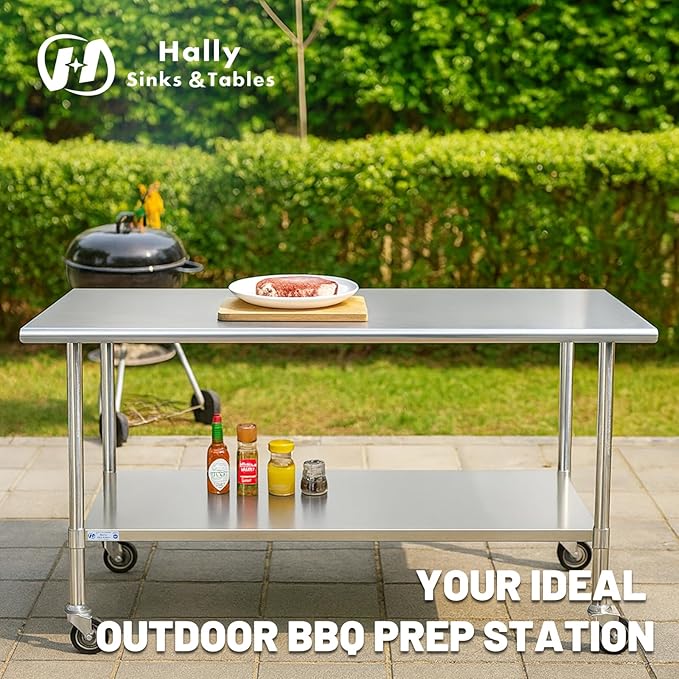 Hally Stainless Steel Table for Prep & Work 30 x 36 Inches with Caster Wheels, NSF Commercial Heavy Duty Table with Undershelf and Galvanized Legs for Restaurant, Home and Hotel