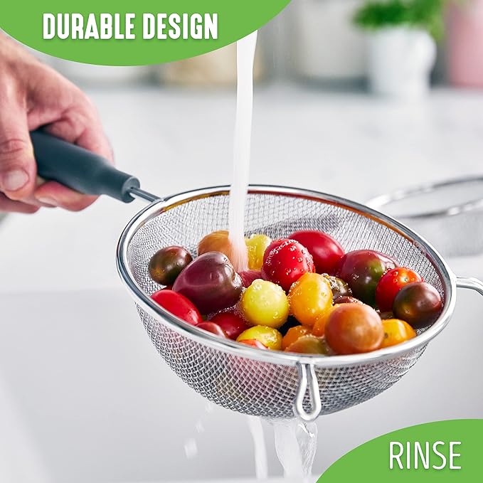 GreenLife Cooking Tools and Utensils, 2 Piece Extra Fine Stainless Steel Mesh Strainer Kitchen Set, Stay Cool Handles, Dishwasher Safe, BPA-Free, Grey