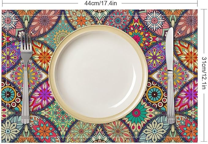 Boho Mandala Placemats Set of 4 Vintage Bohemia Flower Art Printed Dining Table Mats for Restaurant Home Kitchen Holiday Picnic Party Decor 12x18in