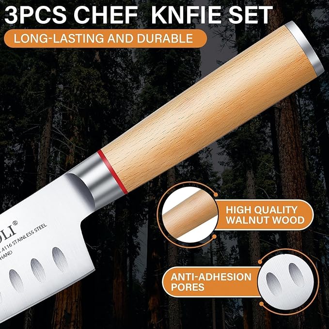 TIVOLI 3 PCS Kitchen Knife Set, High Carbon Stainless Steel Cutlery Knife Set, Ergonomic Wood Handle, Professional Chef Knife Set Gifts For Cooks, Beige