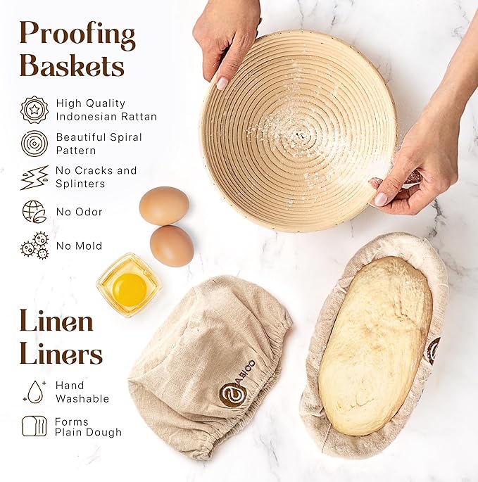 Sourdough Bread Baking Supplies and Starter Kit - Ultimate Bread Making and Sourdough Starter Kit with Proofing Baskets, 34oz Sourdough Jar, Bread Lame, Scrapers and Danish Whisk