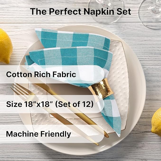 LFH Home 100% Cotton Cloth Reusable Dinner Napkins Set of 12 Washable Soft Decorative Buffalo Plaid Gingham and Checkered Table Napkins for Holidays Wedding Farmhouse Decor 18x18 Inch-Teal & White