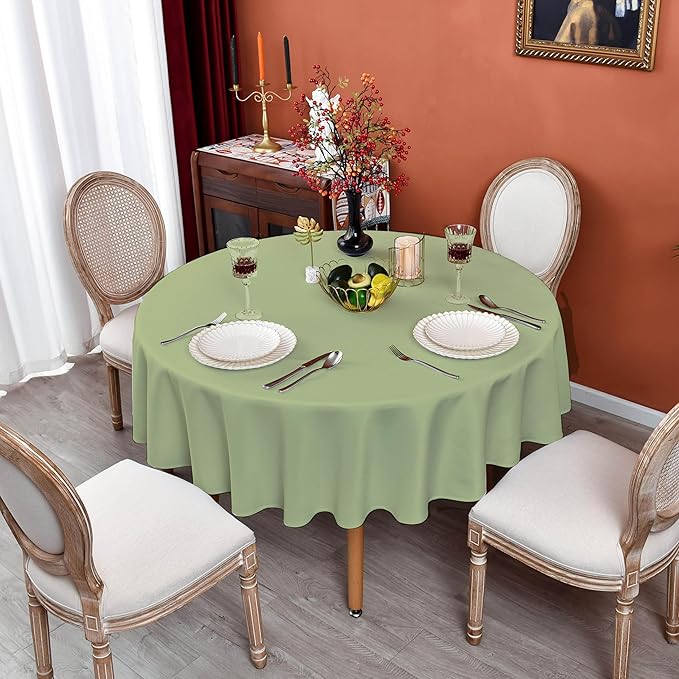 MEANMOY Sage Green 210 GSM Water & Stain Resistant Round Tablecloth for Circle Table - Solid 60 Inch Light Green Table Cloth Cover in Wrinkle Free Durable Washable Fabric for Wedding, Party, Banquet
