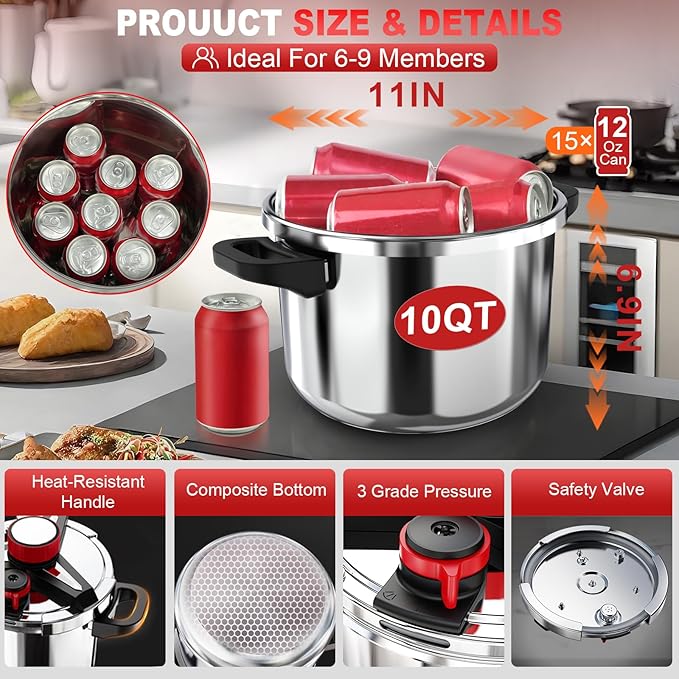 18/8 Stainless Steel Pressure Cooker 10 Quart, [One-Hand Locking] Pressure Cooker, [3-In-1] Olla de Presion, Induction Compatible, Gas Stovetop Compatible,Steamer Rack & Includes Glass Lid