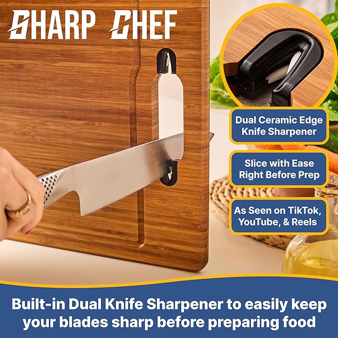 Sharp Chef Deep Carbonized Bamboo Cutting Board, Dual Sharpener – 17x12in Large Wood Cutting Board with Juice Groove, Dishwasher Safe, Giftable – Durable & Reversible Wooden Chopping Block for Kitchen