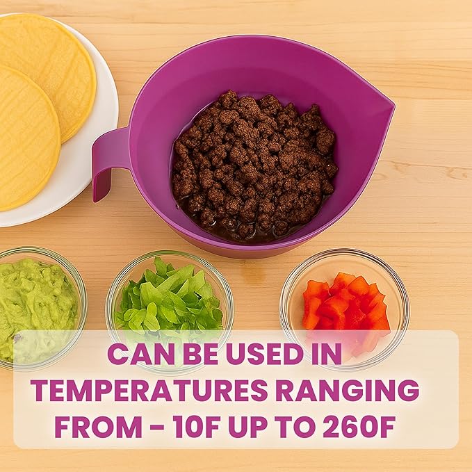 Colander Grease Strainer With Handle And Container, Catch Bowl With Lid 3 Piece Strain Set | Strains Ground Beef, Bacon & Pasta | Safe Kitchen Gadget BPA Free | Made In The USA (Purple)