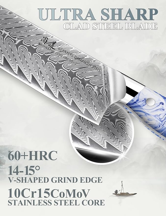SHANGDAO 8 Inch Kiritsuke Chef Knife, Kitchen Slicing Knife Forged Damascus Steel with Blue and White Resin Handle - Full Tang - HUA Series