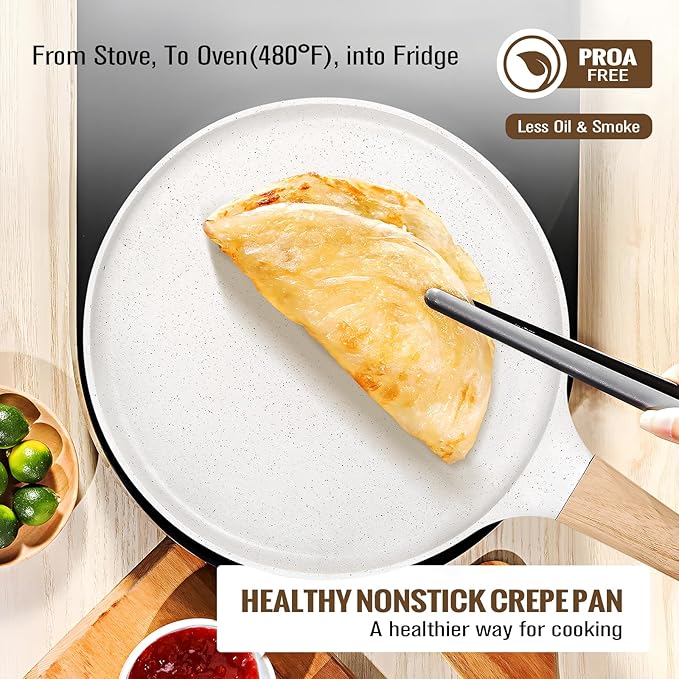 SouxMux Nonstick 9.7-Inch Crepe Pan with Spreader, Ceramic Coated Dosa Tawa Pan, Induction Compatible Flat Skillet for Pancakes, Omelettes, and More with Cool Handle, PFOA Free