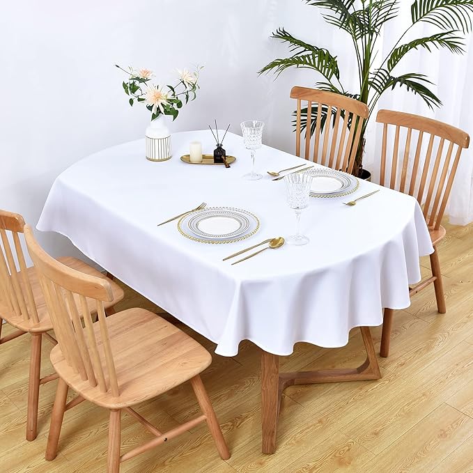 Wolkemer Small Oval Tablecloth 52 x 70 Inch Washable Fabric Table Cloth Solid White Table Cover for Dining Wedding Party Banquet Tabletop Decoration