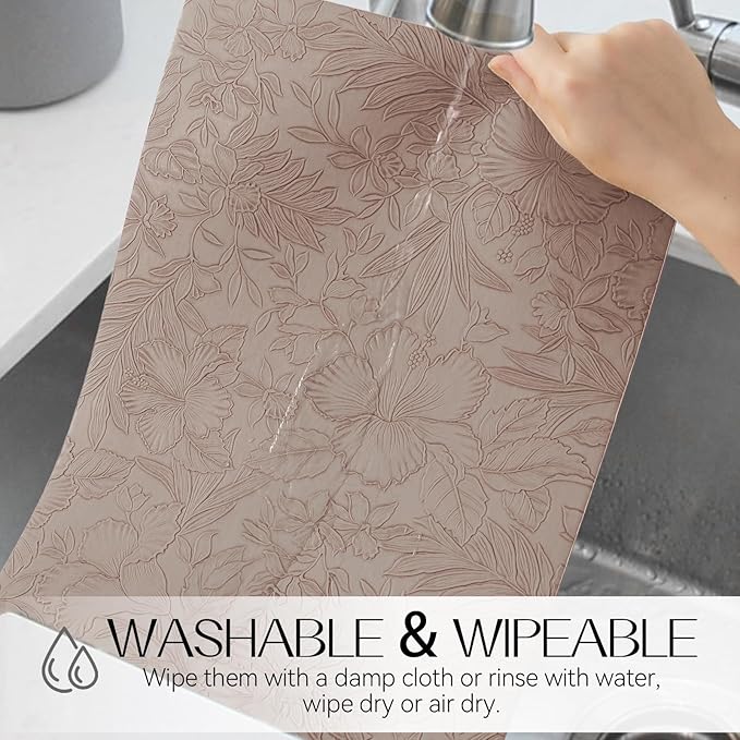 Romanstile Vinyl Placemats Set of 6-12 X 17 Inch - Heat Resistant Non-Slip Embossed Floral Place Mats 100% Waterproof Oilproof Wipeable Faux Leather Table Mats for Kitchen/Dining/Party, Khaki