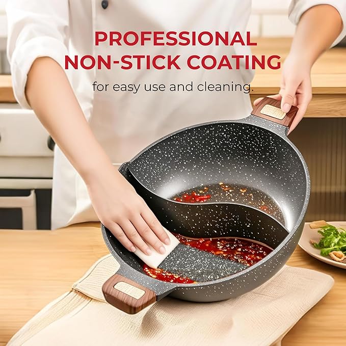 Rosewill 4.2QT Double Flavor Non-Sticking Shabu Shabu Hot Pot with Divider, 13 inch Divided Stockpot for Cooking, Hot Pot for Induction Cooktop & Gas Stove, Electric Burner - Dark Gray