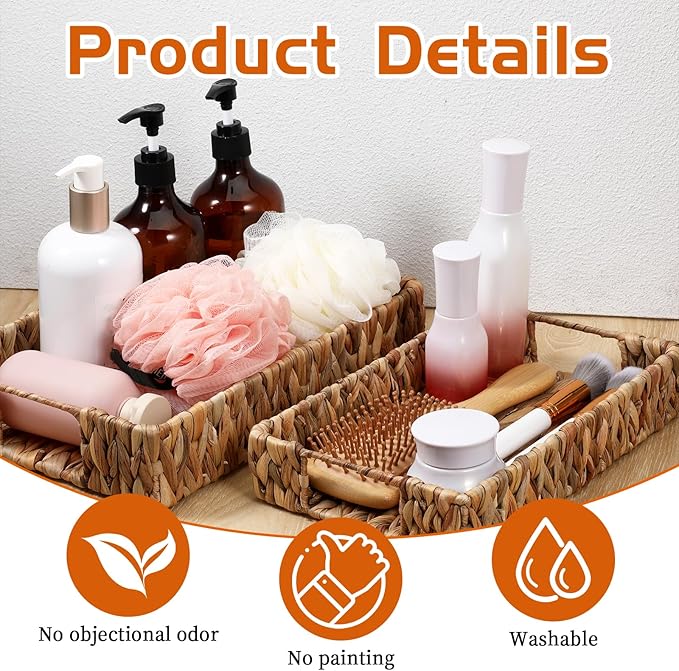 2 PCS Wicker Tray, Hyacinth Storage Baskets with Handle Shallow Basket Handmade Woven Tray Small Wicker Baskets Rectangular for Bathroom, Living Room and Kitchen Decoration or Storage