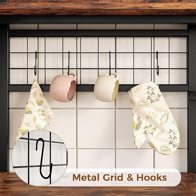 IRONCK Large Bakers Rack with Power Outlet, 6-Tier Corner Microwave Stand, Industrial Coffee Bar with Wine Rack, Hooks & Wire Baskets for Kitchen Spices/Pots, Rustic Brown