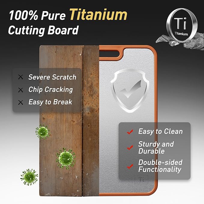 2 in 1 Pure Titanium Cutting Boards for Kitchen with Handle Meat Chopping Board Juice Groove Butcher Block Not Stainless Steel Wood Bamboo Extra Large Big Small Best Kitchen Counter Organic Vegetable