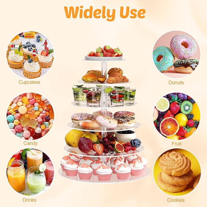 6 Tier Large Acrylic Round Cupcake Stand, Clear Wedding Cupcake Tower Stand, Cupcake Tier Stands for Dessert Table, Tiered Cupcake Holder Stand, Cupcake Display Stand for Birthday Party