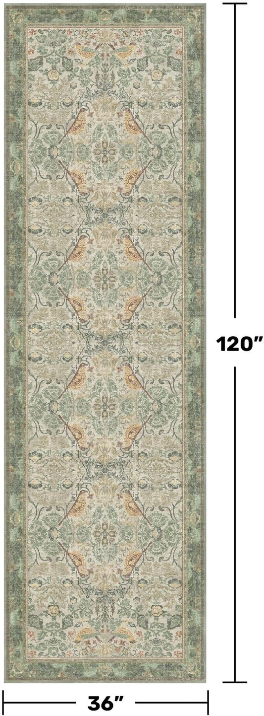 Sage Green10 ft Long Runner Rugs for Hallways - 3x10 Wide Kitchen Runners, Entryway Rug, with Flowers and Leaves, Washable Non Slip Low Pile Stain Resistant Vintage Style
