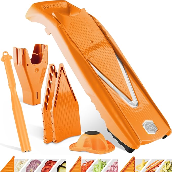 Börner Mandoline Slicer V5 (Plus Set) • Adjustable Vegetable V-Slicer with Extra Accessories + Peeler • Kitchen Slicer For Slices, Strips, Dices • Stainless Steel V-Blade • Color: Orange
