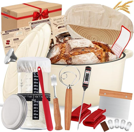 Enameled Cast Iron Dutch Oven Pot with Lid, Incl. Sourdough Bread Baking Supplies Like Banneton Bread Proofing Basket, Starter Jar, Scoring Tool Lame, 5QT Dutch Oven for Bread Baking, Oven Safe up to 500°F